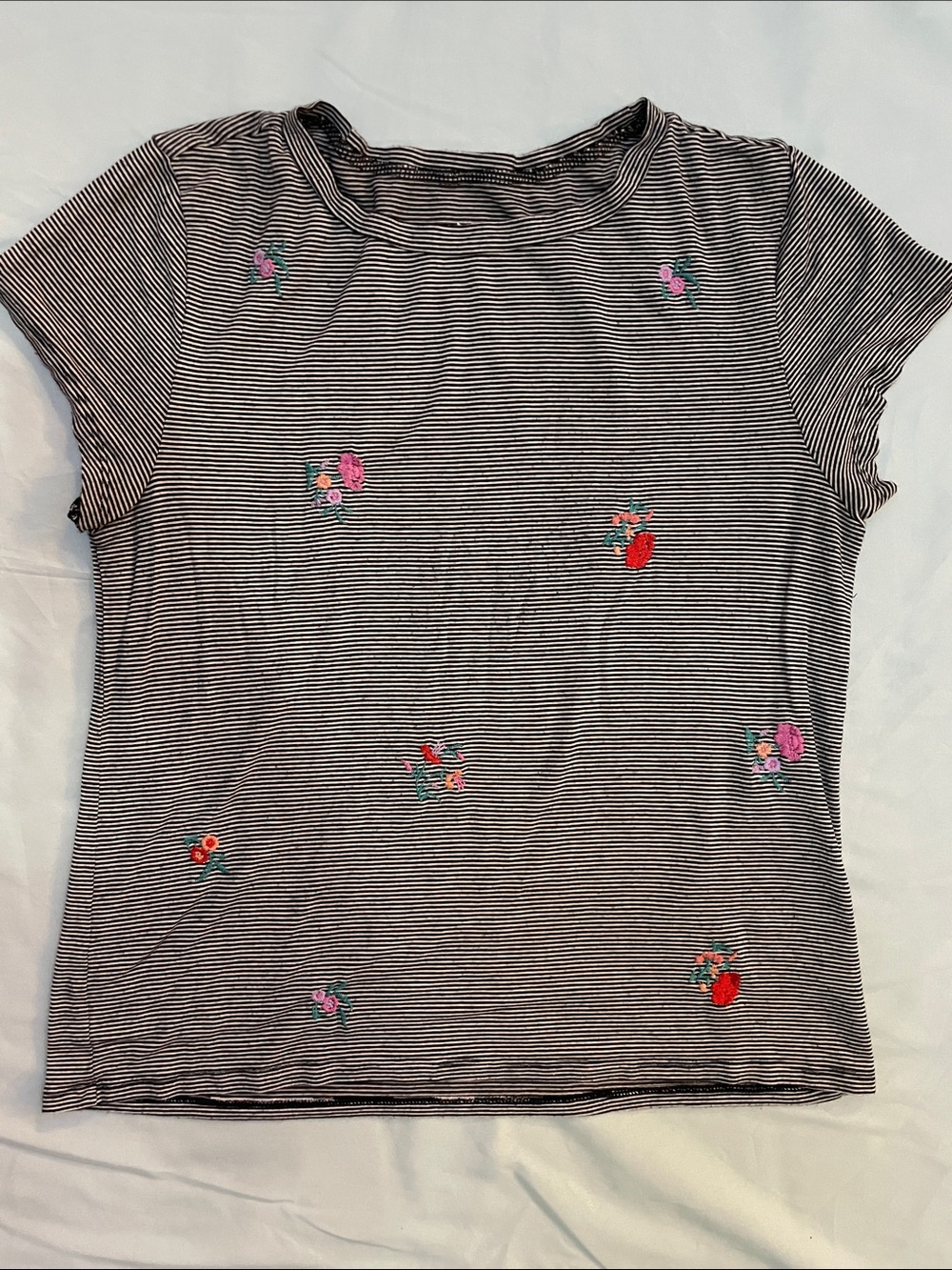 American Eagle Outfitters Black and White Striped Tee with Floral Embroidery